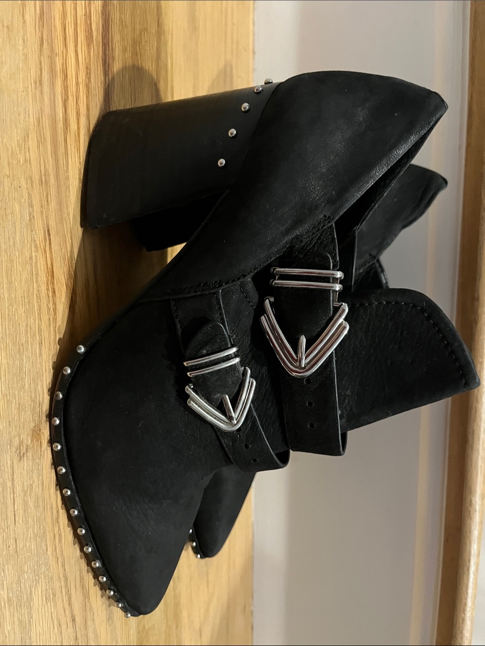 Gianni Bini Black Pointed Toe Block Heel Ankle Boots with Silver Buckles